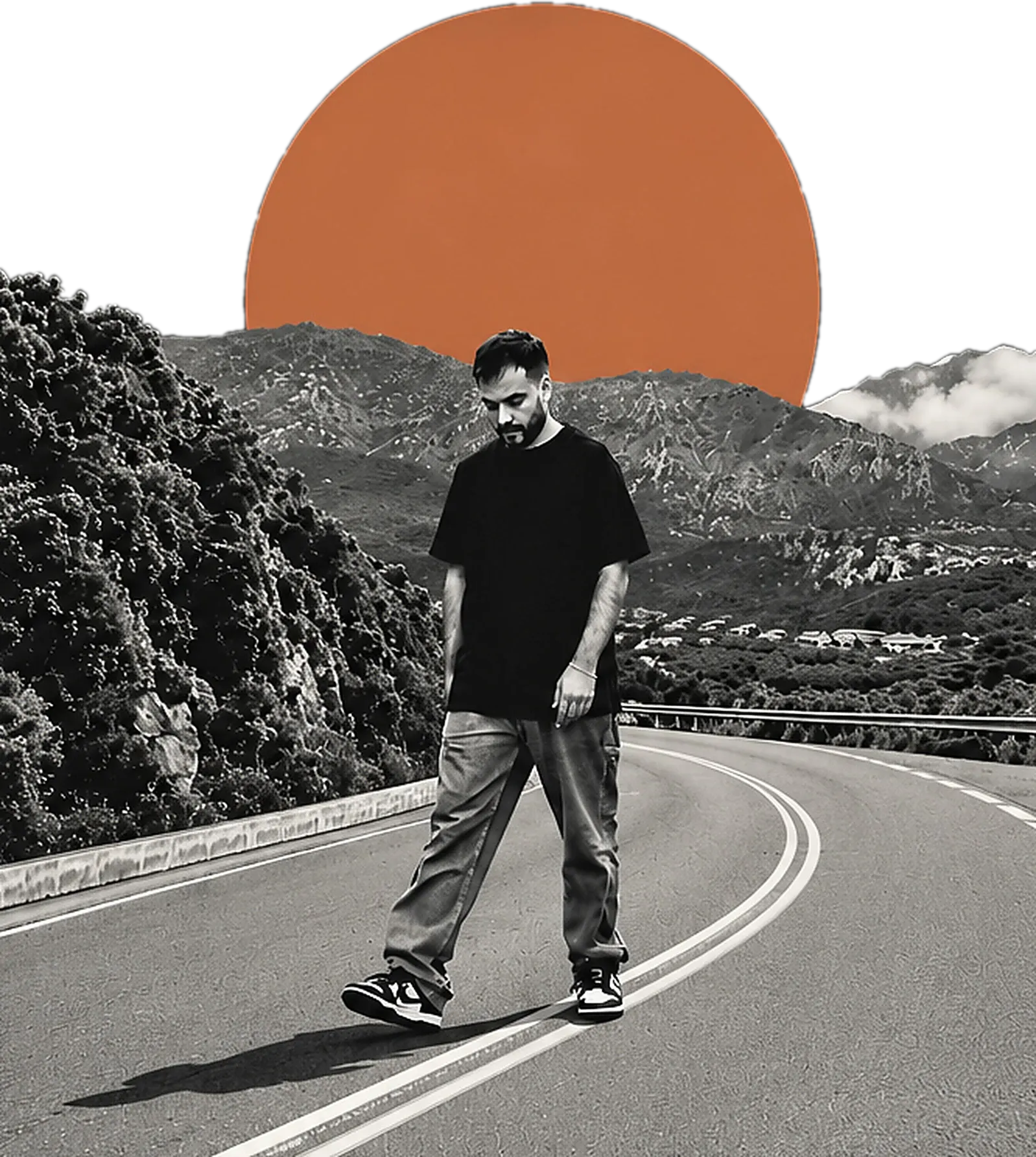 Dimitris walking along a winding mountain road under a large orange sun
